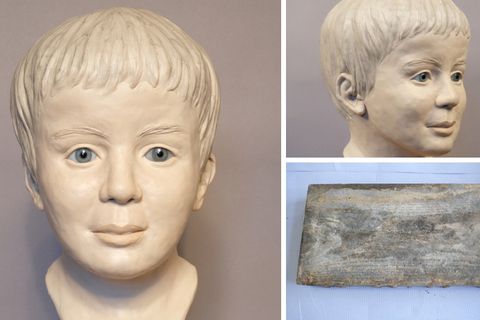 Von der Polizei nachmodellierter Kopf des in der Donau entdeckten toten Jungen; Stein zur Beschwerung des Leichnams