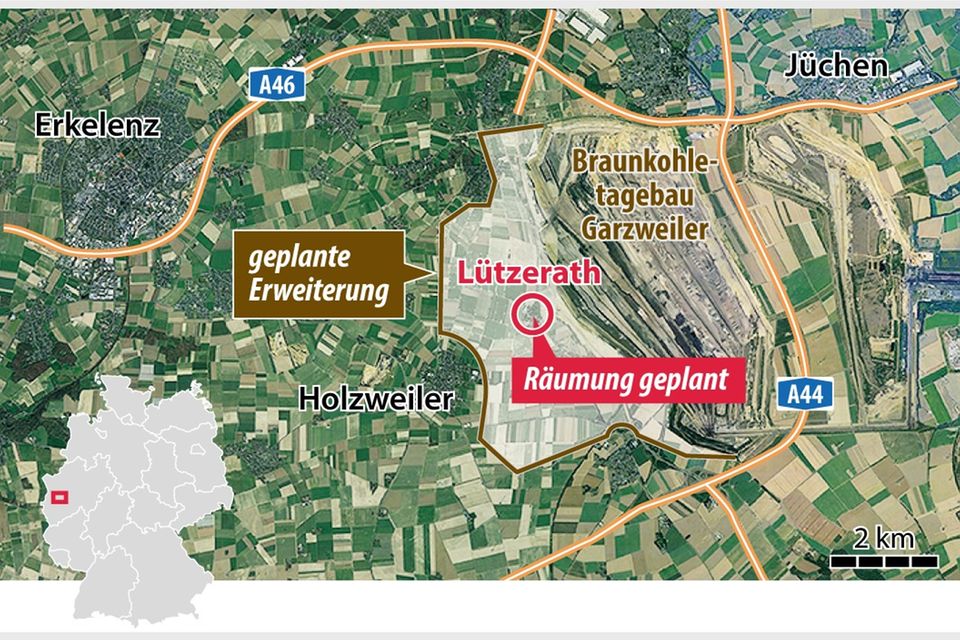 Das Dorf Lützerath liegt im Erweiterungsgebiet des Braunkohletagebaus Garzweiler Das Dorf Lützerath liegt im Erweiterungsgebiet des Braunkohletagebaus Garzweiler