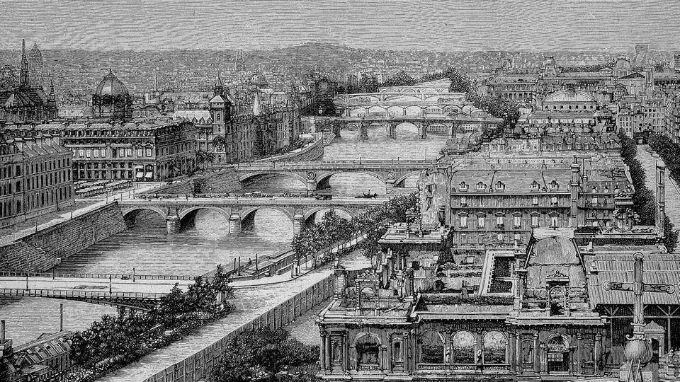 Holzschnitt von 1892, der die Seine in Paris zeigt