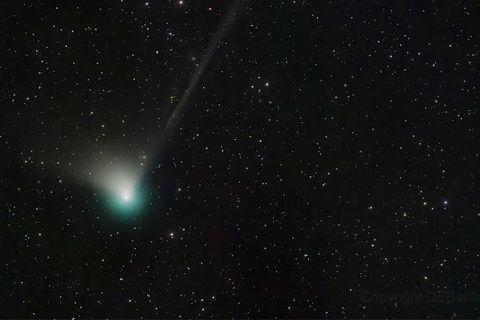 Der Komet im Anflug. Auffällig ist sein grünes Licht.