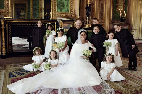 Meghan und Harry bei ihrer Hochzeit im Mai 2018 mit ihren Brautjungfern und Pagen