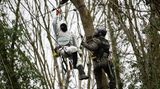 Ein Klimaktivist und ein Polizeikletterer hängen sich an einem Baum in Lützerath gegenüber