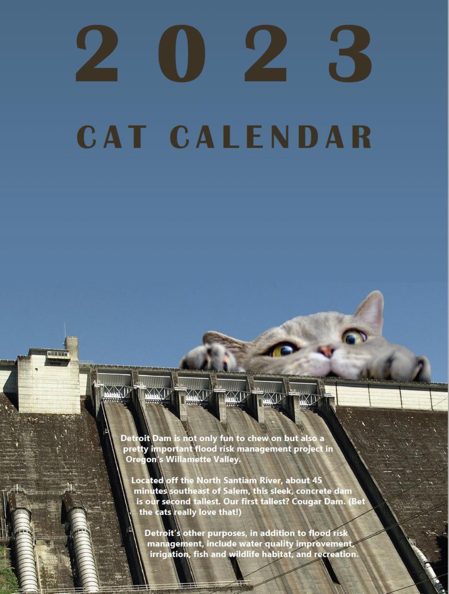 Das Titelbild des Kalenders weist auf die Vorteile des Detroit Damms in Oregon hin.