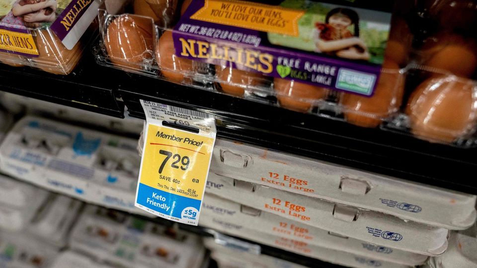 Eier liegen in einem Supermarkt in Washington. Die Preise für Eier in den USA sind sprunghaft angestiegen.