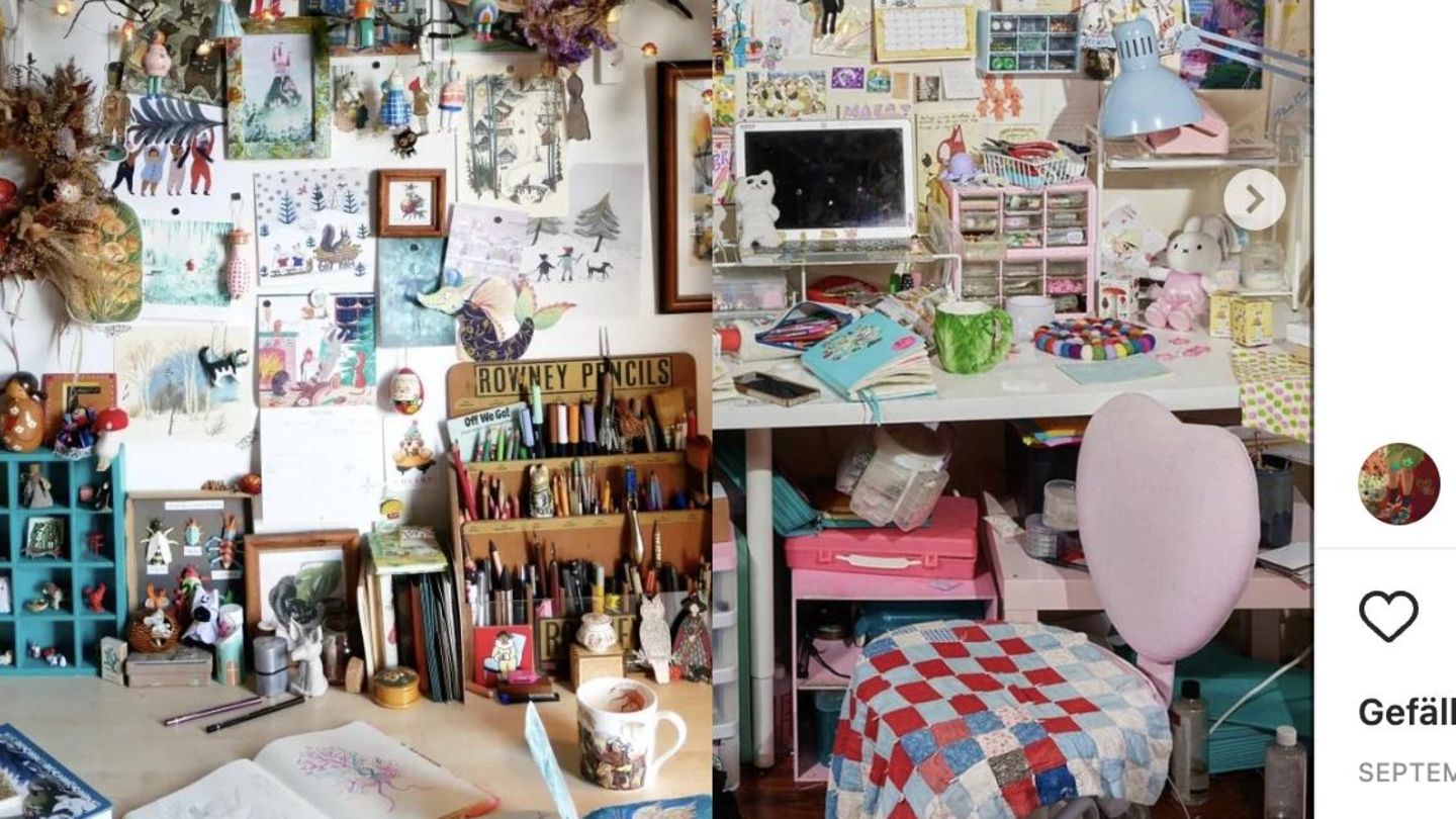 Zimmer nach dem Cluttercore-Trend eingerichtet, Eine Screenshot-Montage von Instagram