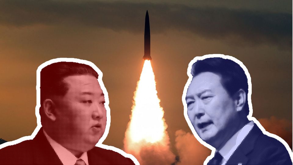 Kim Jong Uns (l) und Yoon Suk Yeoul (r). In der Mitte steigt eine Rakete in den Himmel