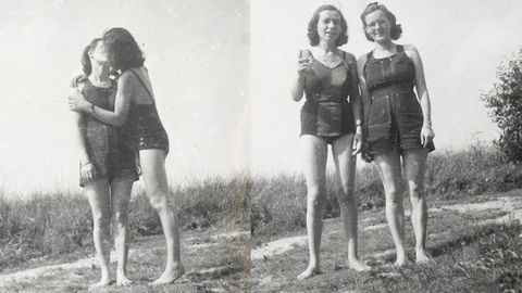 Schwarz-weiß-Aufnahmen im Jahr 1944 von einem lesbischen Liebespaar, das sich küsst