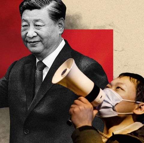 Collage von Chinas Staatspräsident Xi Jinping und einem Teilnehmer der Proteste gegen die Null-Covid-Politik