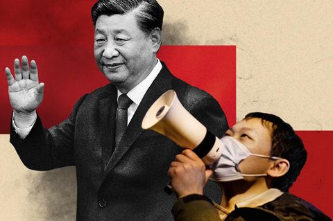 Collage von Chinas Staatspräsident Xi Jinping und einem Teilnehmer der Proteste gegen die Null-Covid-Politik