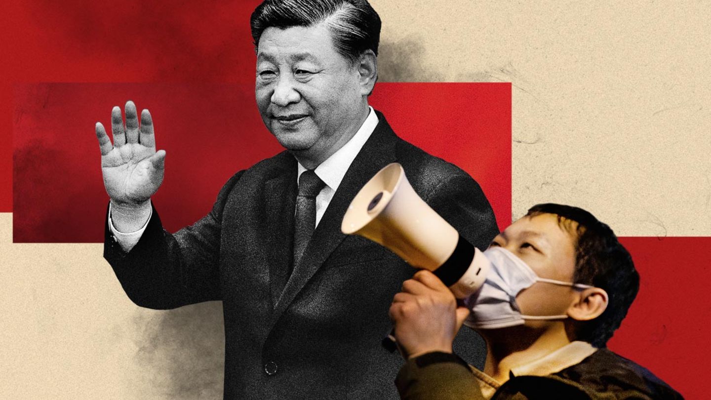 China Collage von Chinas Staatspräsident Xi Jinping und einem Teilnehmer der Proteste gegen die Null-Covid-Politik