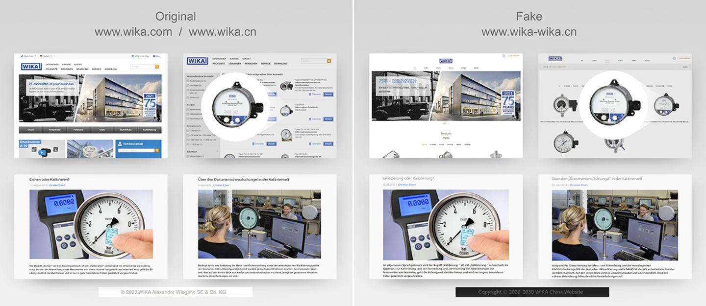 Plagiarius 2023: Sonderpreis "Identitätsklau": Wika-Website Eine chinesische Firma hat gleich die komplette Webpräsenz des fränkischen Familienunternehmens Wika kopiert – mit Fotos, Texten und allem drum und dran. Auf der Fake-Seite "wika-wika.cn" werden nicht die Druckmessgeräte des deutschen Originalherstellers verkauft, sondern Fälschungen und minderwertige Produkte. Sonderpreis "Identitätsklau": Wika-Website Eine chinesische Firma hat gleich die komplette Webpräsenz des fränkischen Familienunternehmens Wika kopiert – mit Fotos, Texten und allem drum und dran. Auf der Fake-Seite "wika-wika.cn" werden nicht die Druckmessgeräte des deutschen Originalherstellers verkauft, sondern Fälschungen und minderwertige Produkte.