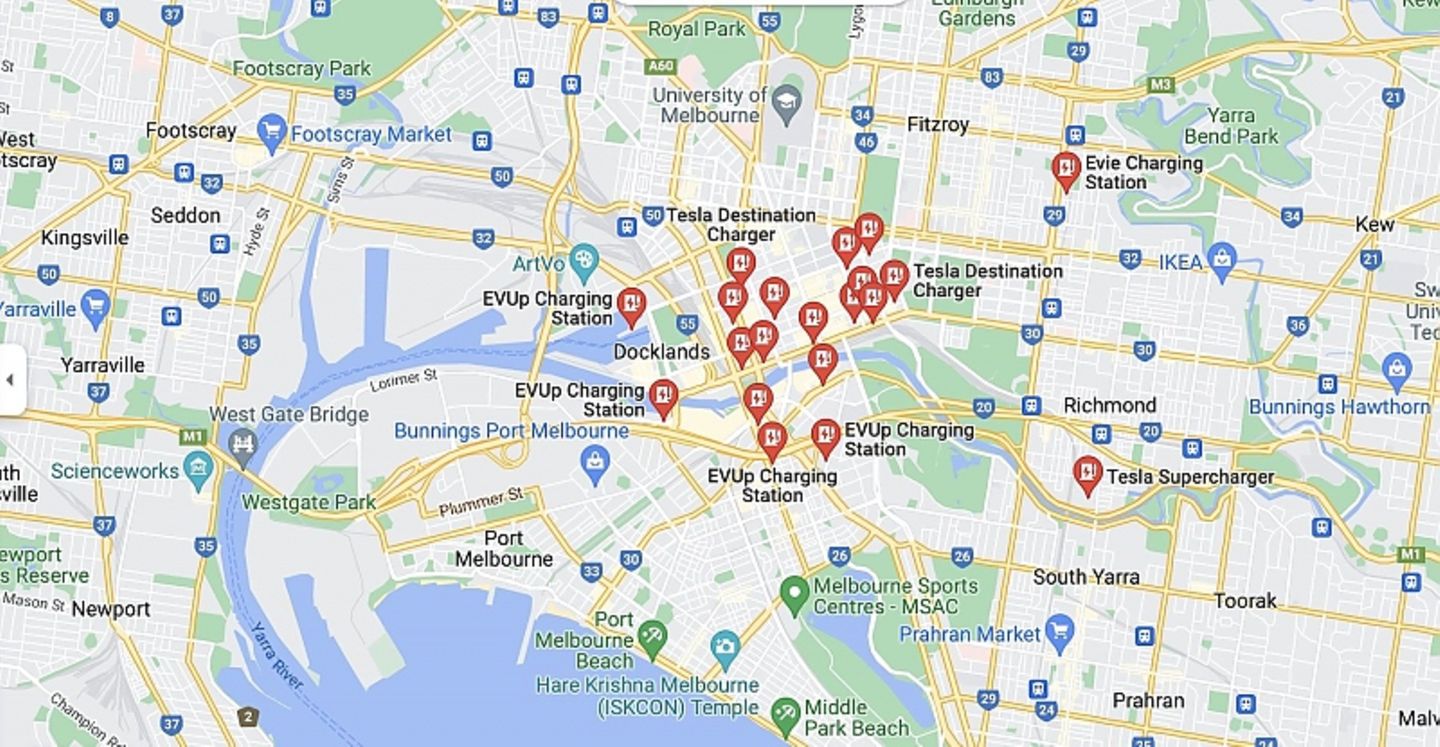Übersicht der Ladestationen im Stadtkern von Melbourne