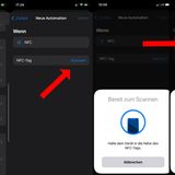 Runterscrollen bis "NFC" erscheint, NFC-Tag scannen" auswählen, NFC-Tag an die iPhone-Kamera halten und Namen vergeben