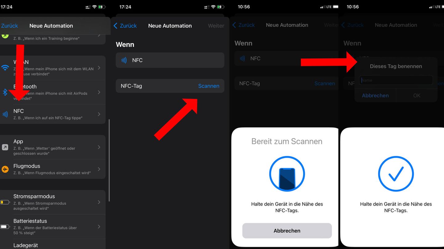 Runterscrollen bis "NFC" erscheint, NFC-Tag scannen" auswählen, NFC-Tag an die iPhone-Kamera halten und Namen vergeben