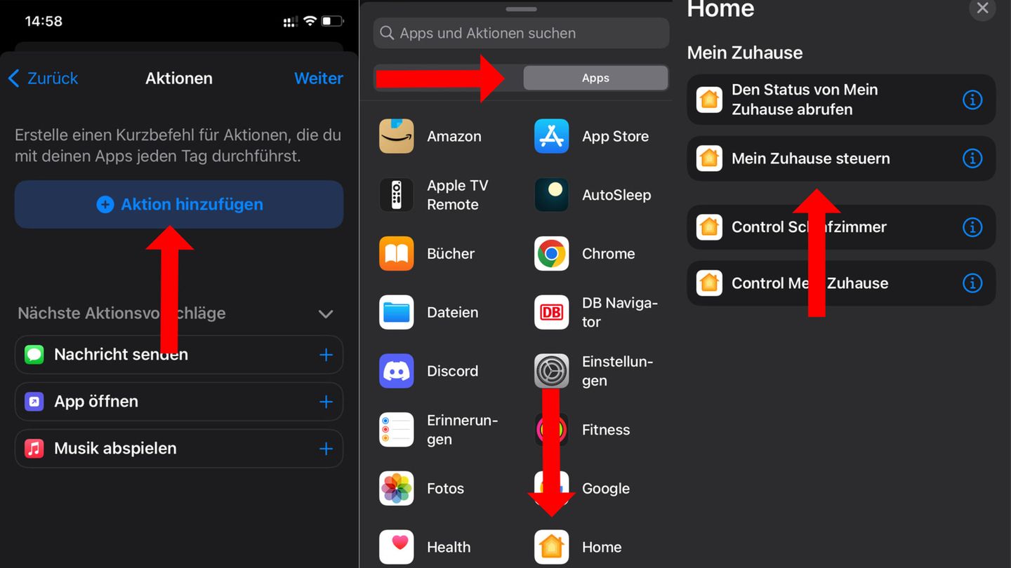 Aktion hinzufügen" auswählen, "Apps" auswählen und dort die "Home-App" öffnen, um "Mein Zuhause steuern" auszuwählen