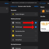 "Szenen und Geräte" klicken, "Heizung" und "Stehlampe" im Wohnzimmer auswählen, Helligkeit und Temperatur einstellen