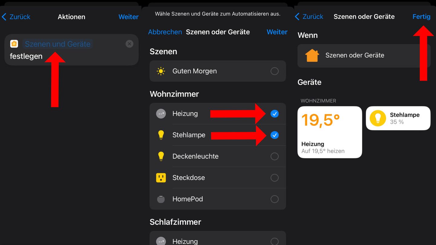 "Szenen und Geräte" klicken, "Heizung" und "Stehlampe" im Wohnzimmer auswählen, Helligkeit und Temperatur einstellen