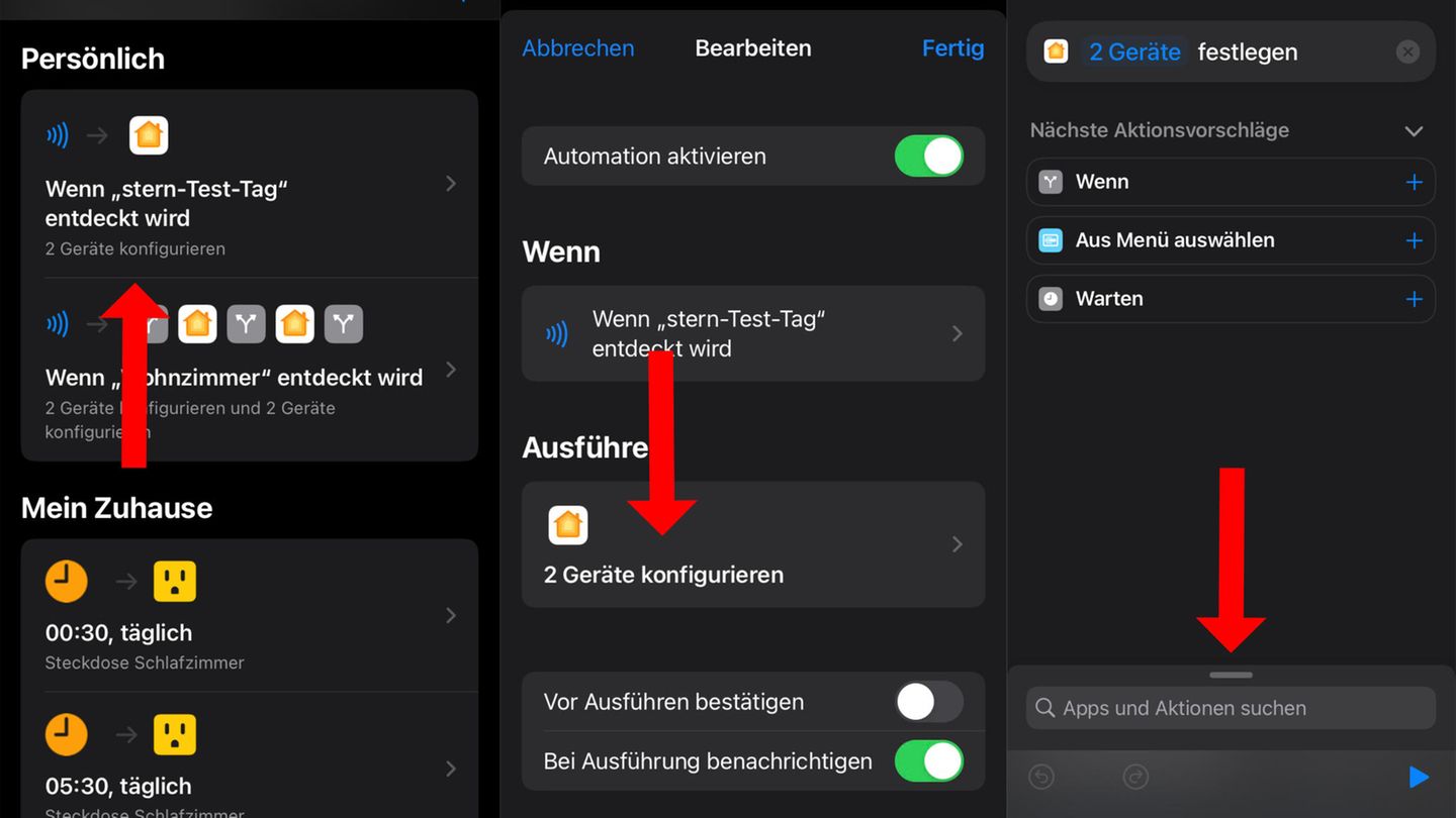 Unter "Automation" den NFC-Tag auswählen, "Geräte konfigurieren" klicken und "Apps und Aktionen" suchen 