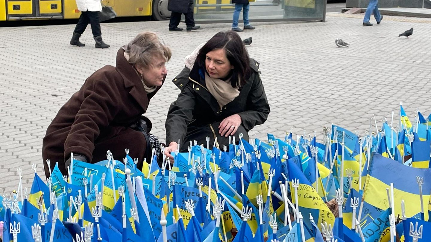 Katrin Göring-Eckardt vor ukrainischen Flaggen