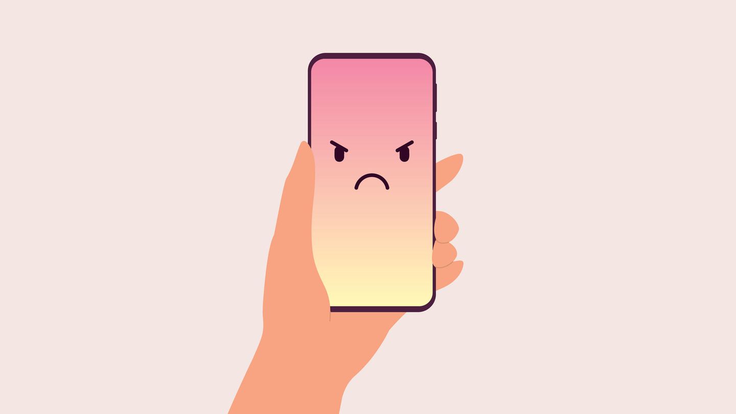 Social Media Illustration: Böser Emoji auf Smartphone