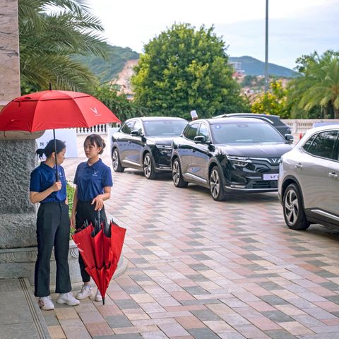 Großer Auftritt: Auf der Insel des vietnamesischen Unternehmers Pham Nhat Vuong wartet eine Flotte seiner elektrischen Vinfast VF8 auf Testfahrer