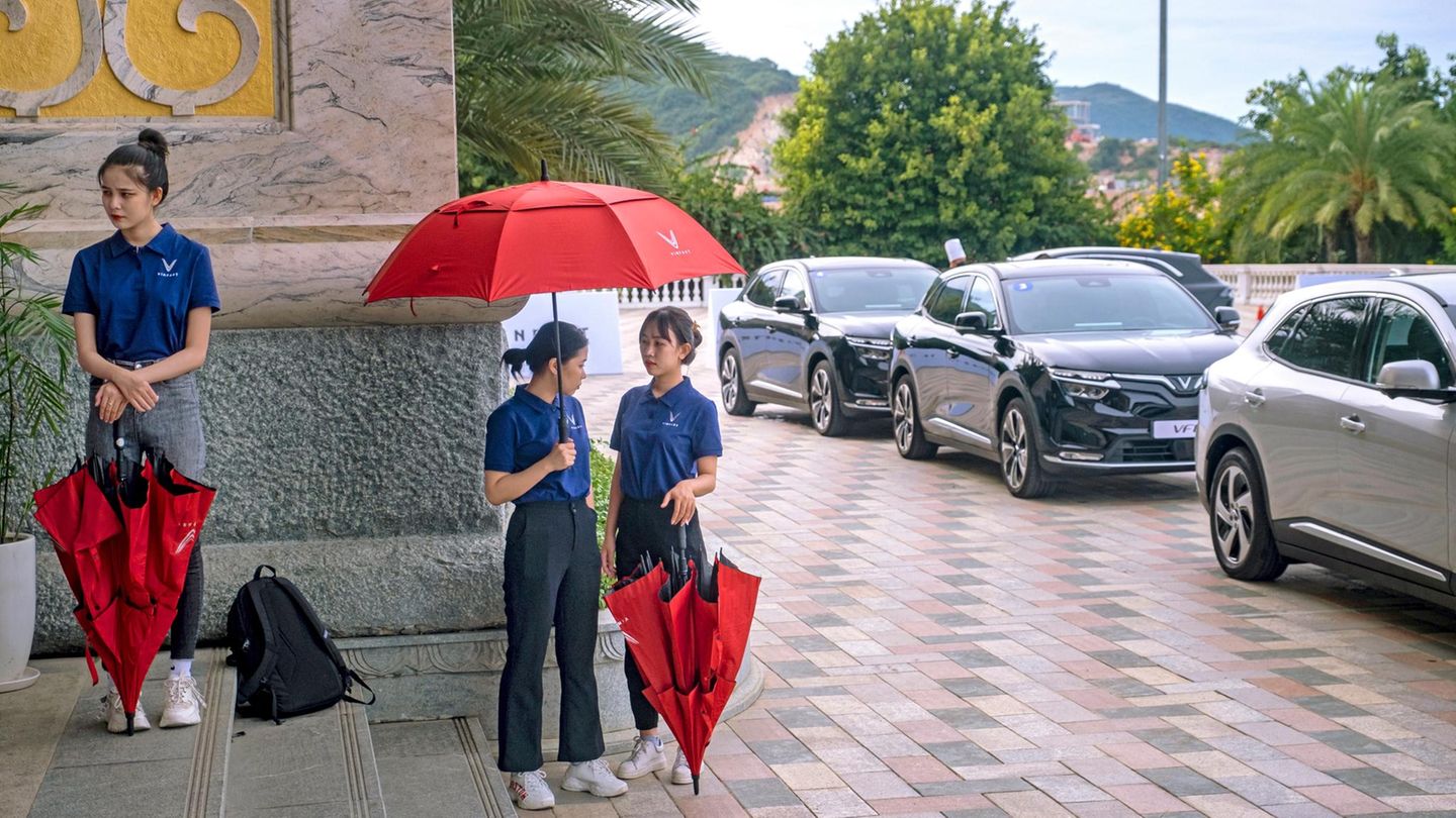 Großer Auftritt: Auf der Insel des vietnamesischen Unternehmers Pham Nhat Vuong wartet eine Flotte seiner elektrischen Vinfast VF8 auf Testfahrer