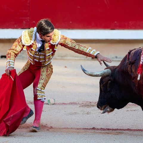 Ein Stierkämpfer mit einem Stier in einer Kampfarena in Pamplona, Spanien