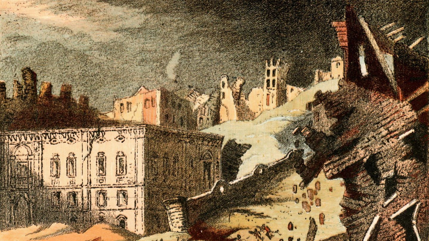 Das durch ein Erdbeben und Tsunamis zerstörte Lissabon, 1755 Das durch ein Erdbeben und Tsunamis zerstörte Lissabon, 1755