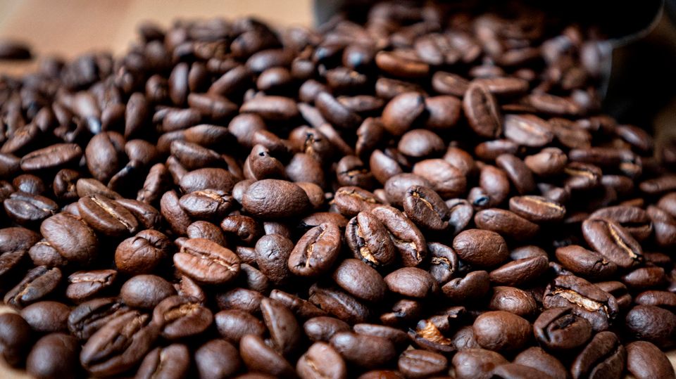 Auf einem Holztisch liegen braun geröstete Kaffeebohnen ausgebreitet