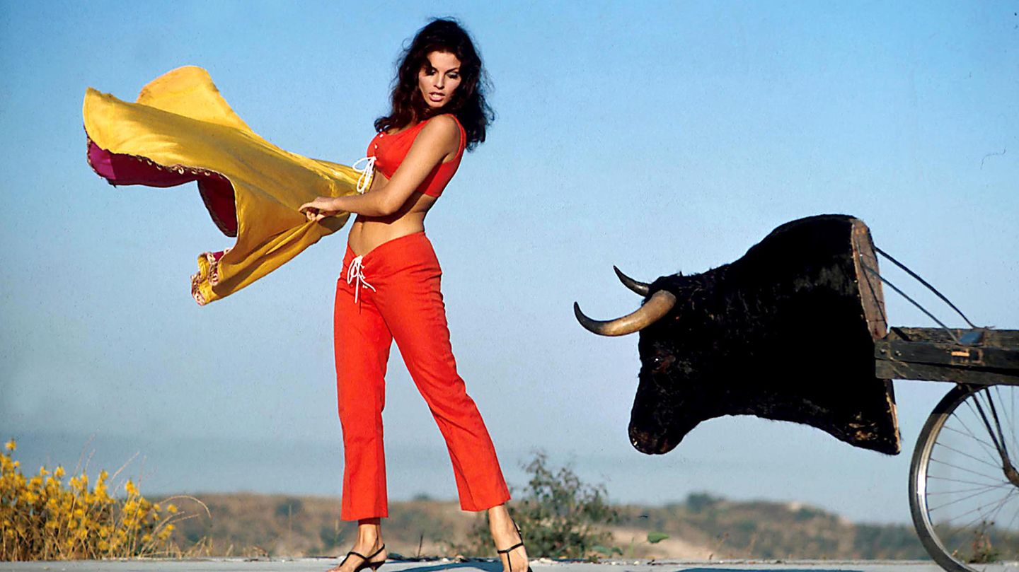 Raquel Welch im Jahr 1965 als "Matador" mit einer Stier-Attrappe.