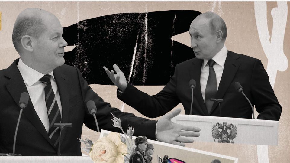 Collage zu den Vermittlungsversuchen von Olaf Scholz vor der Invasion der Ukraine