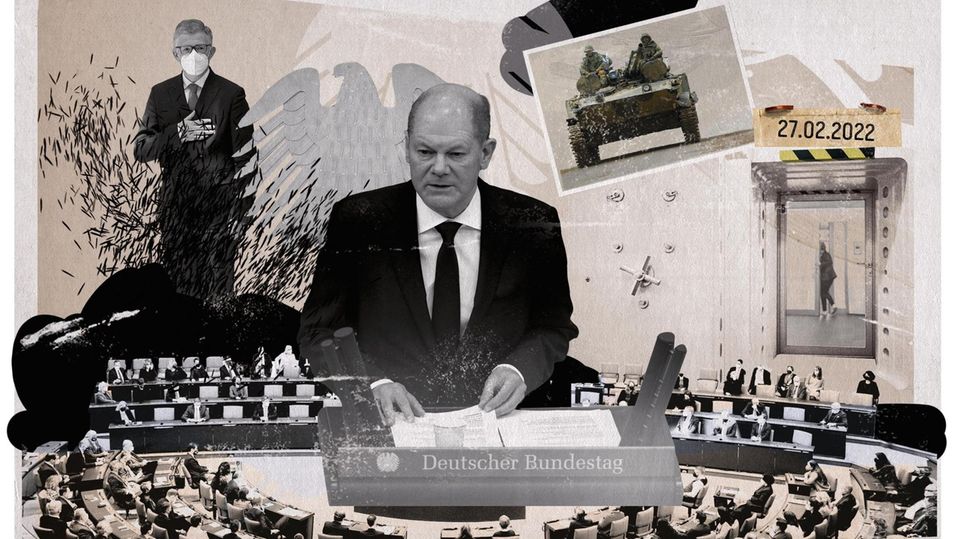 Collage zu Scholz' Zeitenwende Rede am 27.Februar 2022
