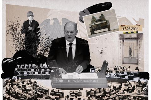 Collage zu Scholz' Zeitenwende Rede am 27.Februar 2022
