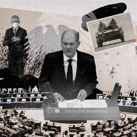 Collage zu Scholz' Zeitenwende Rede am 27.Februar 2022