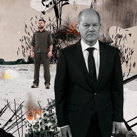 Collage aus Kriegsbildern, Wladimir Putin, Olaf Scholz und Wolodymyr Selenskyj