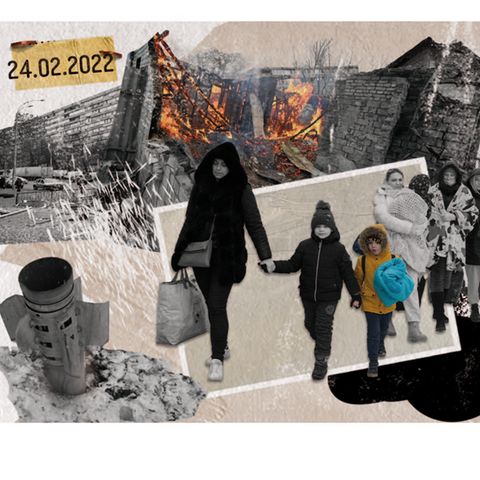 Collage aus Kriegsbildern und fliehenden Familien am Tag der Invasion der Ukraine
