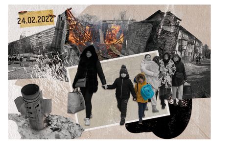 Collage aus Kriegsbildern und fliehenden Familien am Tag der Invasion der Ukraine
