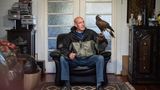 Südafrika mit einem Greifvogel auf der Hand