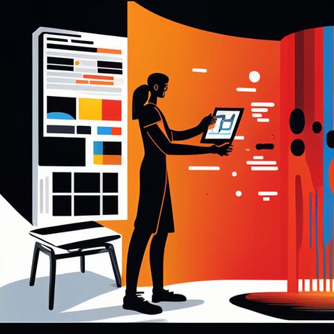 Eine Frau steht vor einem ipad. Diese Illustration hat eine Künstliche Intelligenz kreiert.