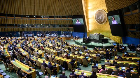 Die UN-Vollversammlung in New York während der Rede von Bundesaußenministerin Annalena Baerbock