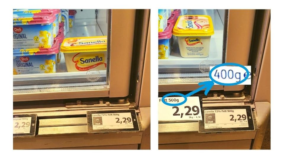Customer annoyance: The margarine has shrunk to 400 grams, according to the price tag there are still 500 grams in it The margarine has shrunk to 400 grams, according to the price tag there are still 500 grams in it