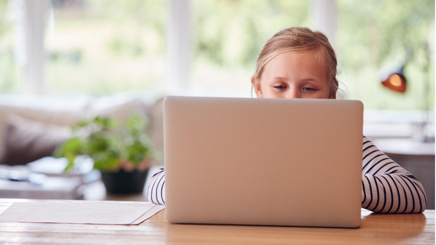 Ein Mädchen sitzt am Tisch vor einem Laptop. Pixie Curtis aus Australien verdient Zehntausende Euro im Monat.
