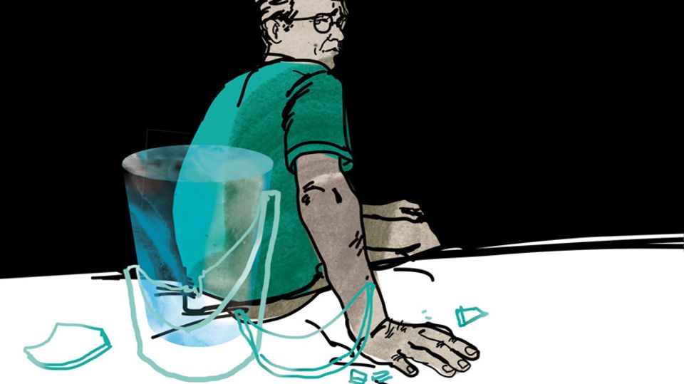 Illustration Diagnose:  Ein Mann und einen gebrochenen Glas Wasser
