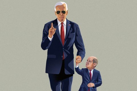 Illustration: Joe Biden nimmt Olaf Scholz an die Hand