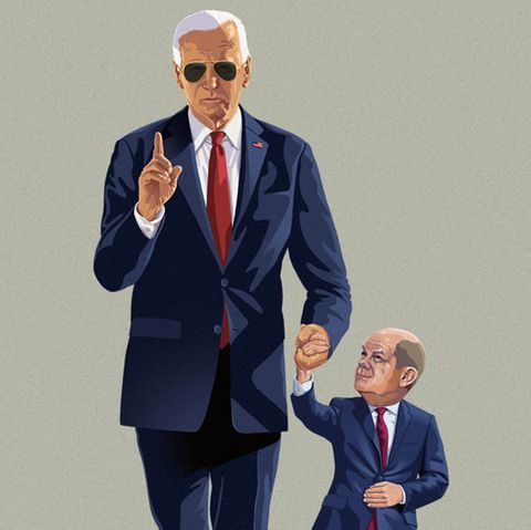 Illustration: Joe Biden nimmt Olaf Scholz an die Hand