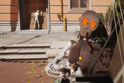 Ist er nicht knuffig? Eis gibt es umsonst aus sanfter Roboterhand. Protagonist P-3 isst das Eis in drei Bissen auf und schmeißt den Stiel dann einfach ins Gebüsch. Ein Mülleimer wäre witziger gewesen. 