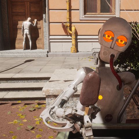 Ist er nicht knuffig? Eis gibt es umsonst aus sanfter Roboterhand. Protagonist P-3 isst das Eis in drei Bissen auf und schmeißt den Stiel dann einfach ins Gebüsch. Ein Mülleimer wäre witziger gewesen. 