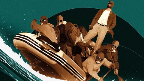 Illustration von Männern in einem Schlauchboot