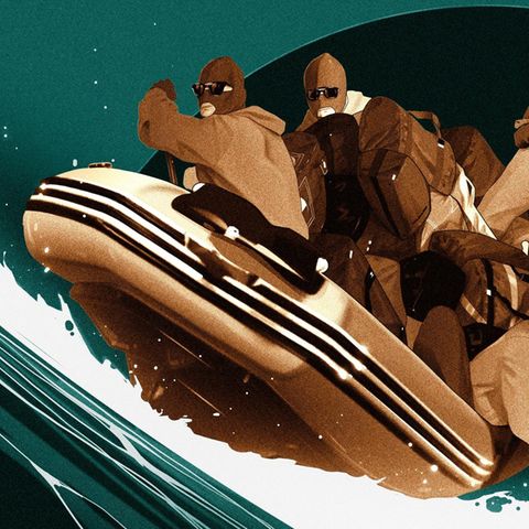 Illustration von Männern in einem Schlauchboot