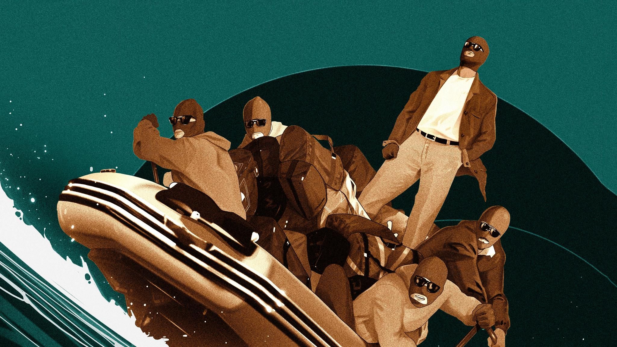 Illustration von Männern in einem Schlauchboot